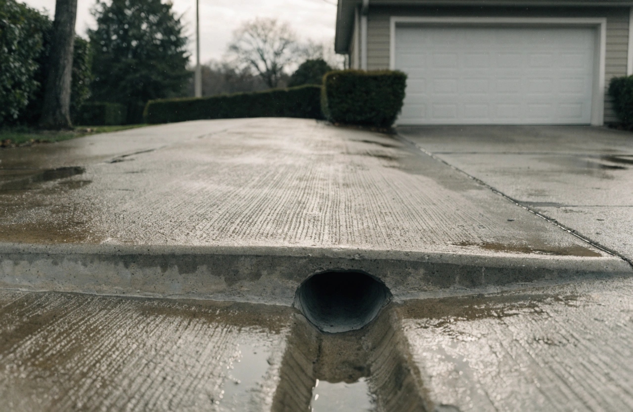 Spoon drain cut into a concrete driveway to manage runoff on a sloped block